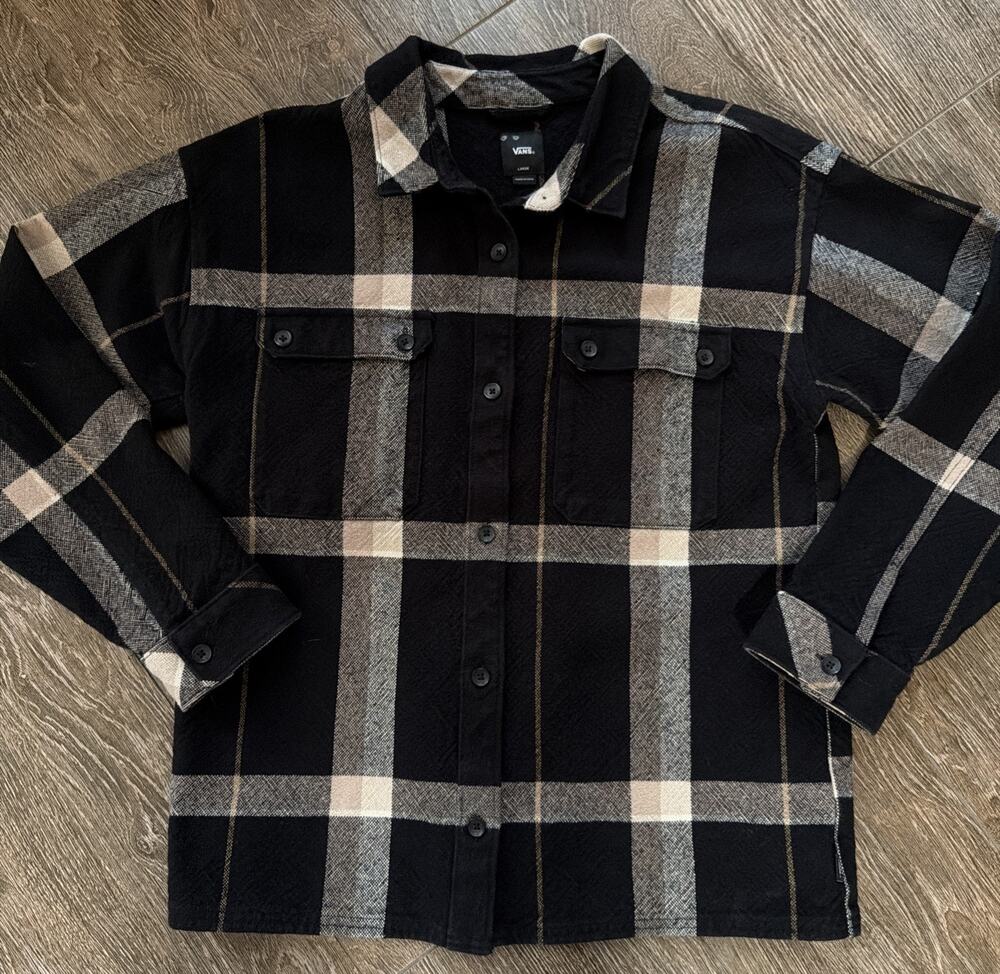 Vans Laura Plaid Shacket L Oversized Flannel Shirt Jacket Black Tan Cream Gorp